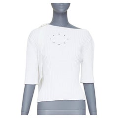 CHANEL white ribbed cotton knit CC logo buckle sash sweater FR36 S