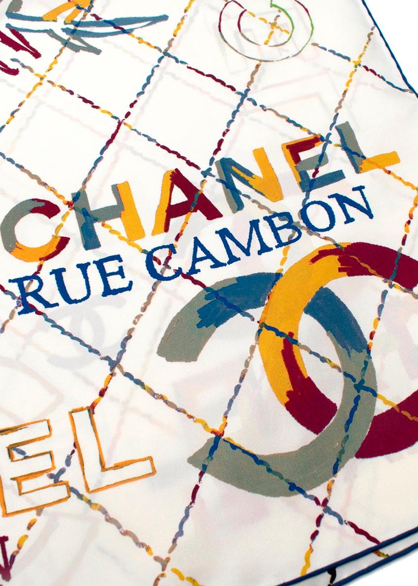Gray Chanel White Rose CC Logo Pattern Silk Twill Square Scarf 90 For Sale