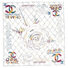 Chanel White Rose CC Logo Pattern Silk Twill Square Scarf 90