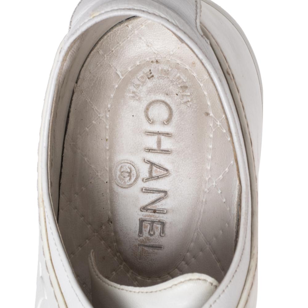 Gray Chanel White Rubber And Leather CC Lace Up Sneakers Size 38