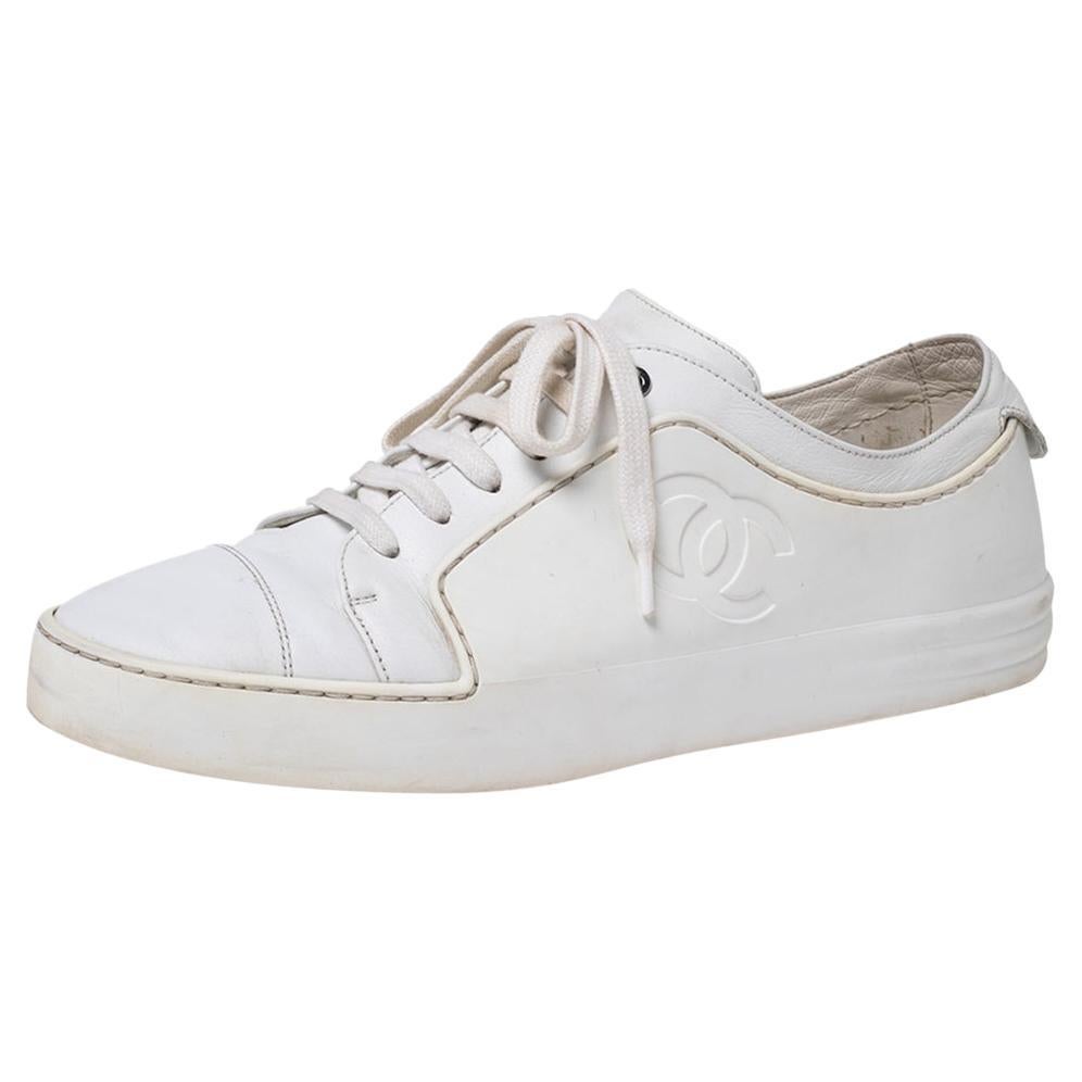 Chanel White Rubber And Leather CC Lace Up Sneakers Size 38 at