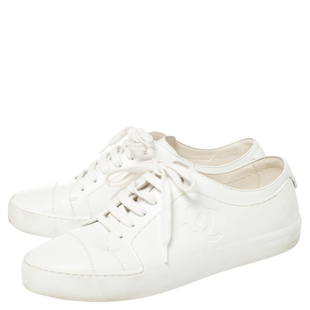 Women's Chanel White Rubber And Leather CC Lace Up Sneakers Size 40