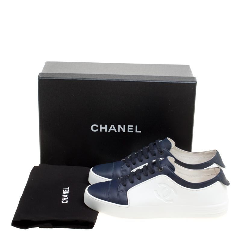 Chanel White Rubber And Navy Blue Leather CC Low Top Sneakers Size 38 1