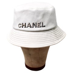 Chanel White Sequin Logo Cotton Denim Bucket Hat