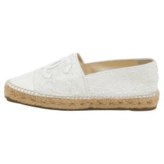 Chanel White Sequins And Patent Leather CC Cap Toe Espadrille Flats Size 39