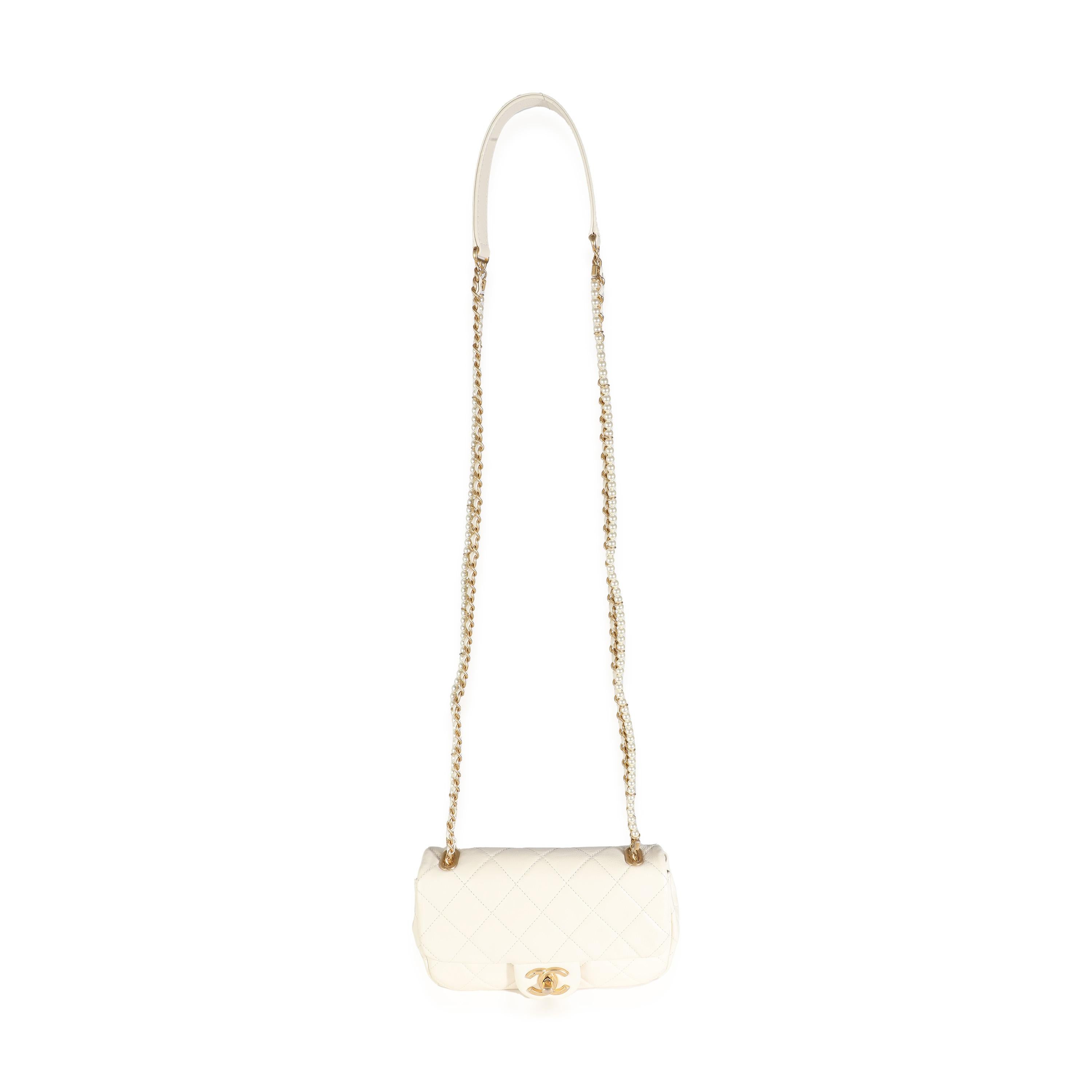 Chanel White Shiny Quilted Lambskin Pearl Chain Mini Flap Bag For Sale 2