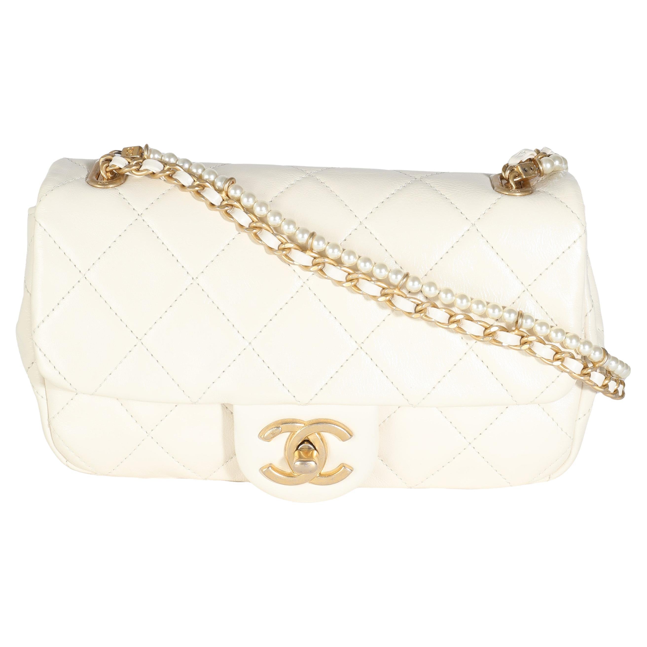 Chanel White Shiny Quilted Lambskin Pearl Chain Mini Flap Bag For Sale