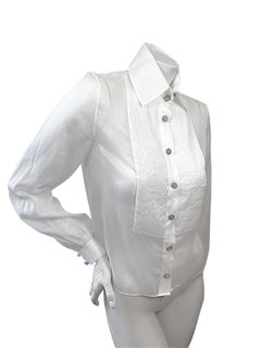 Chanel White Silk Pleated Tuxedo Blouse With Crystal CC Buttons Size 34