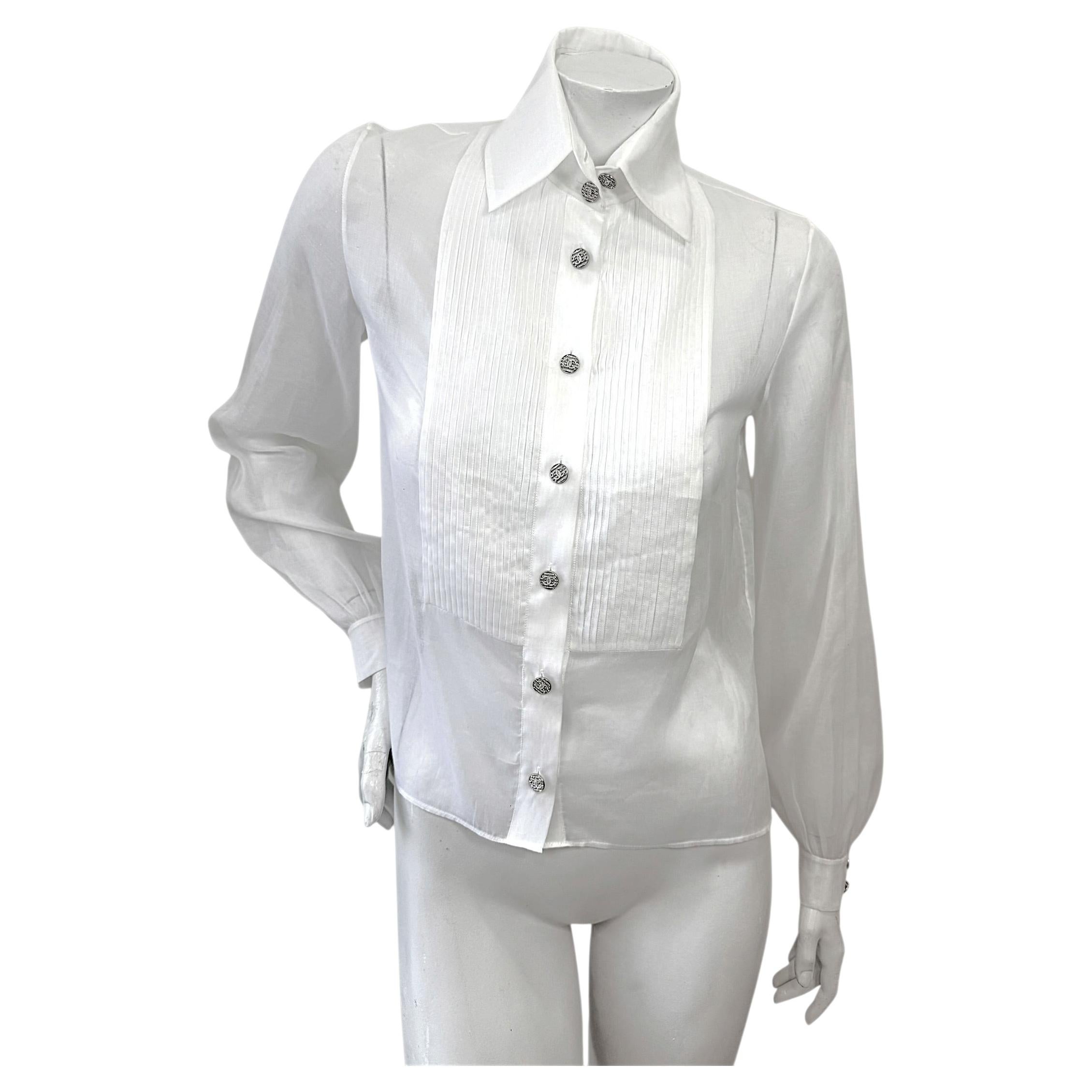 Chanel White Silk Pleated Tuxedo Blouse With Crystal CC Buttons Size 34