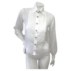 Chanel White Silk Pleated Tuxedo Blouse With Crystal CC Buttons Size 34