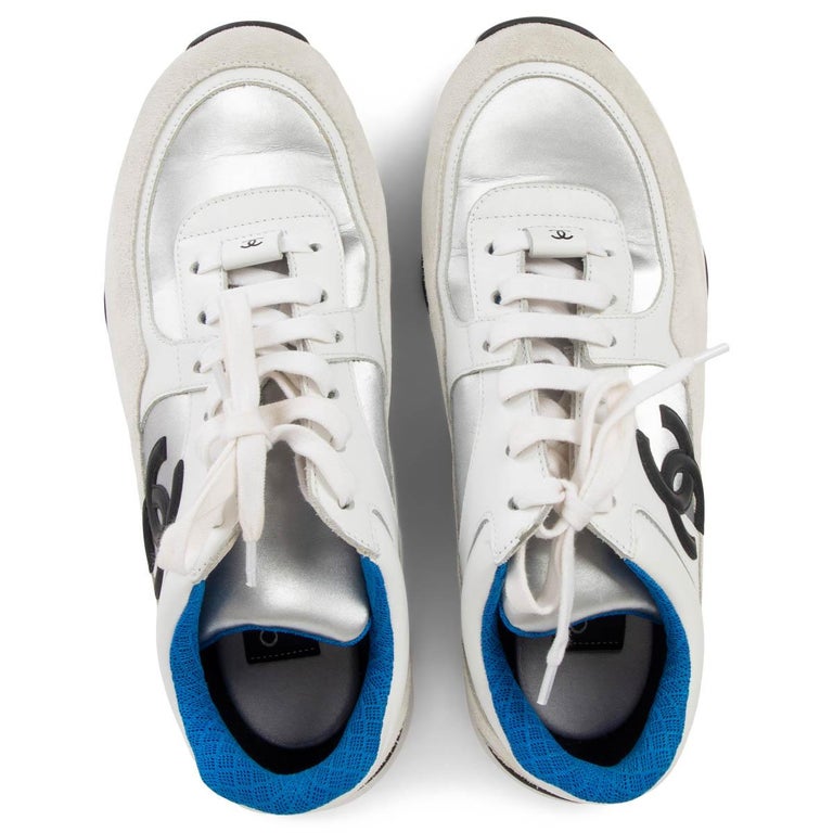 CHANEL white silver blue leather 2018 18S LOW TOP Sneakers Shoes 38.5 at  1stDibs | silver chanel sneakers, blue chanel sneakers, chanel silver and  white sneakers
