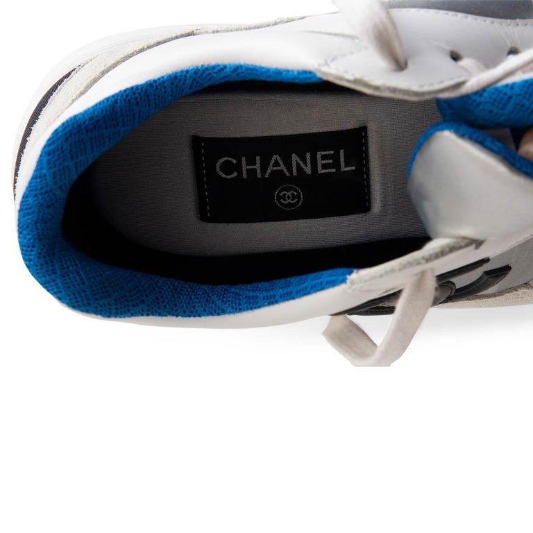 CHANEL white silver blue leather 2018 18S LOW TOP Sneakers Shoes 38.5 at  1stDibs