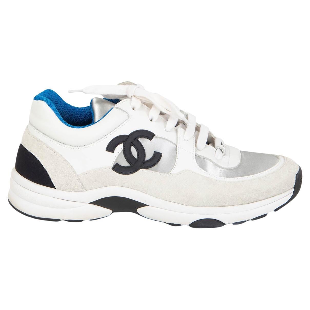 CHANEL white silver blue leather 2018 18S LOW TOP Sneakers Shoes