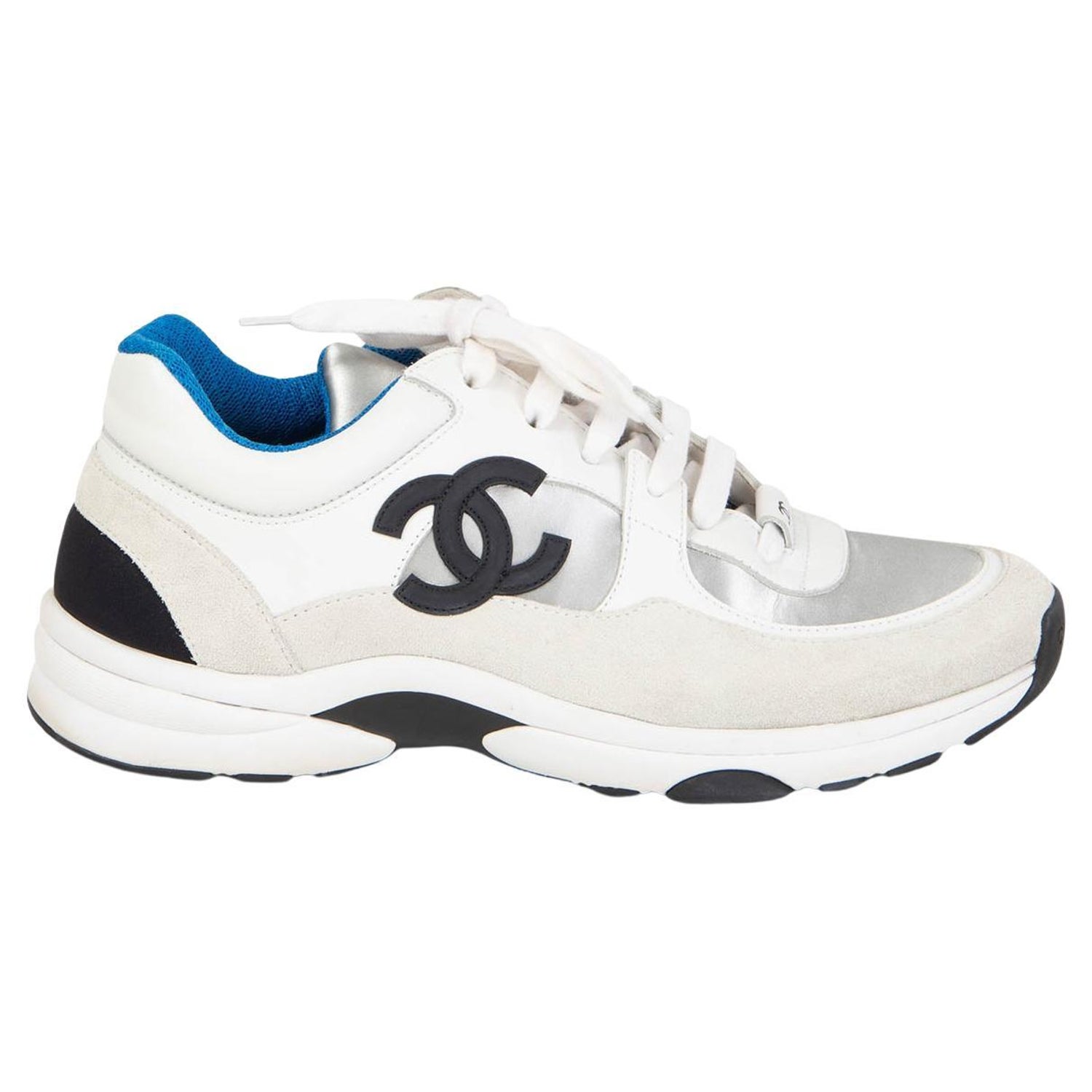 CHANEL white silver blue leather 2018 18S LOW TOP Sneakers Shoes  at  1stDibs