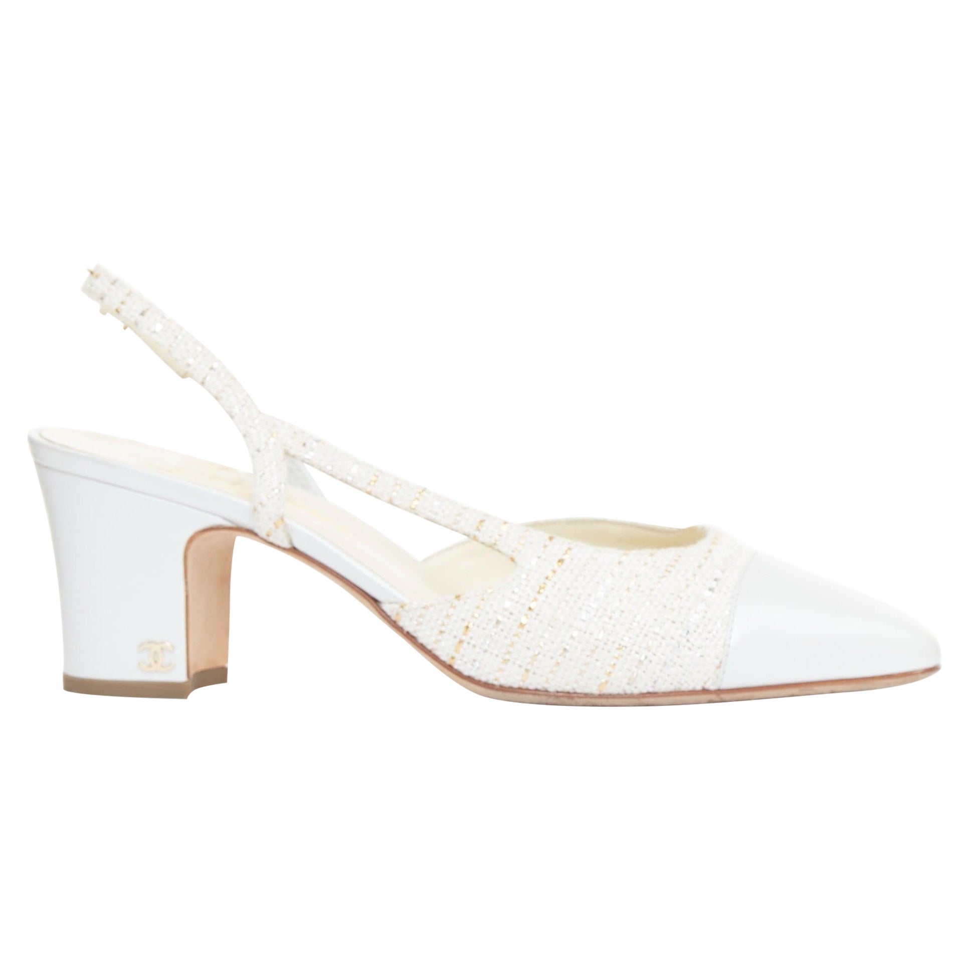 CHANEL blanco plata oro metálico tweed CC logo block slingback pumps EU39 en venta