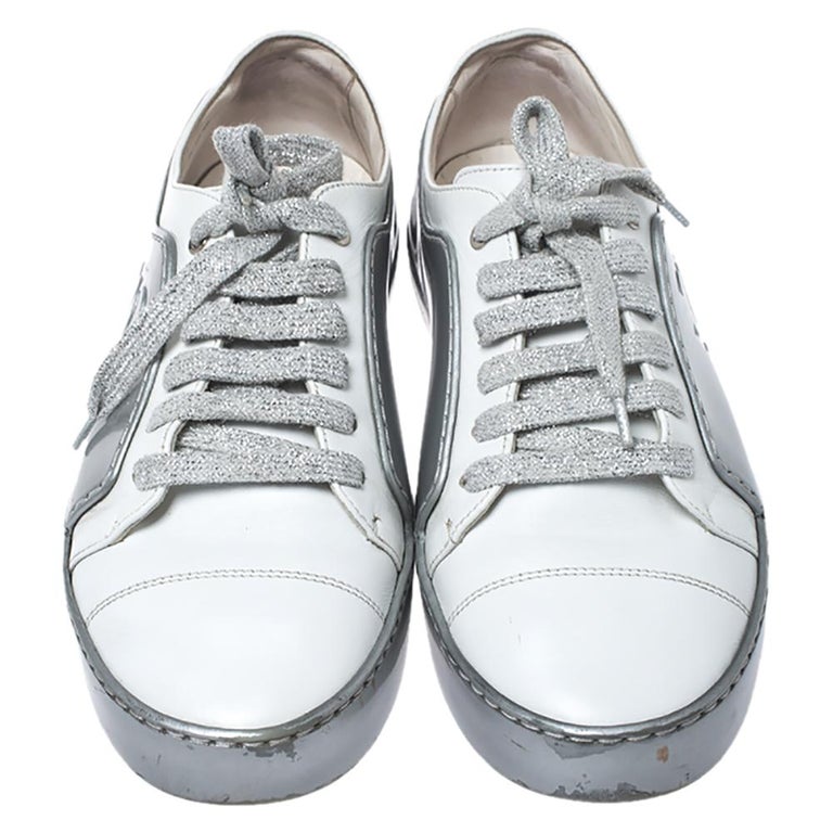 Chanel White/Silver Leather And Rubber CC Cap Toe Lace Up Sneaker