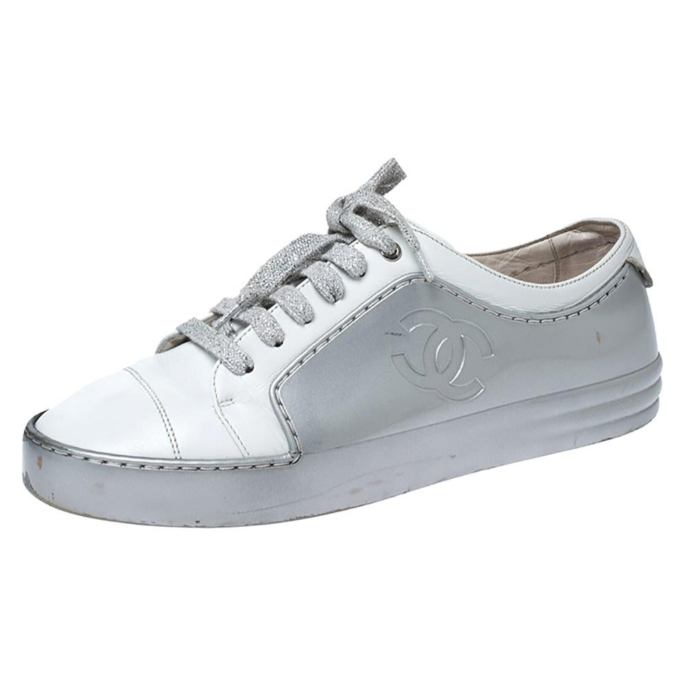 Chanel White Leather Rubber Low Top Sneakers Size 5536  Yoogis Closet