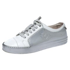 Chanel White/Silver Leather And Rubber CC Cap Toe Lace Up Sneaker Size 38
