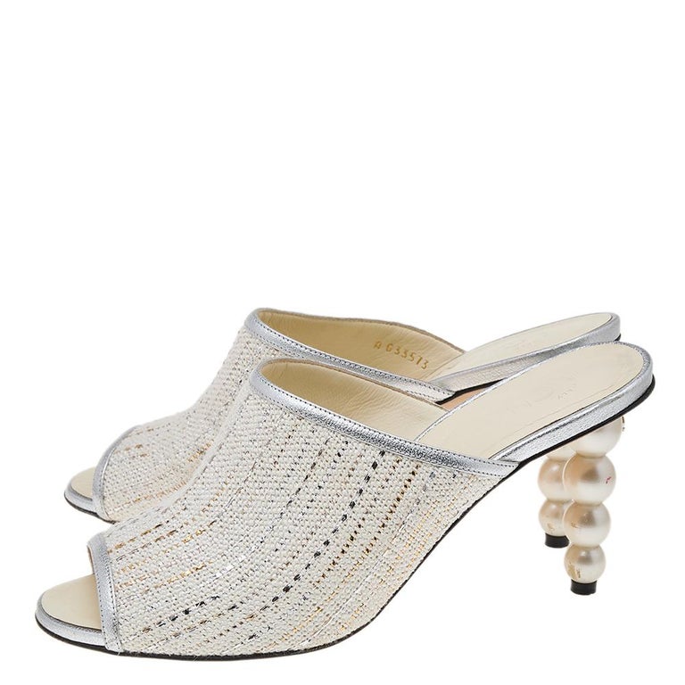 Chanel White/Silver Tweed And Leather CC Pearl Heel Slide Sandals