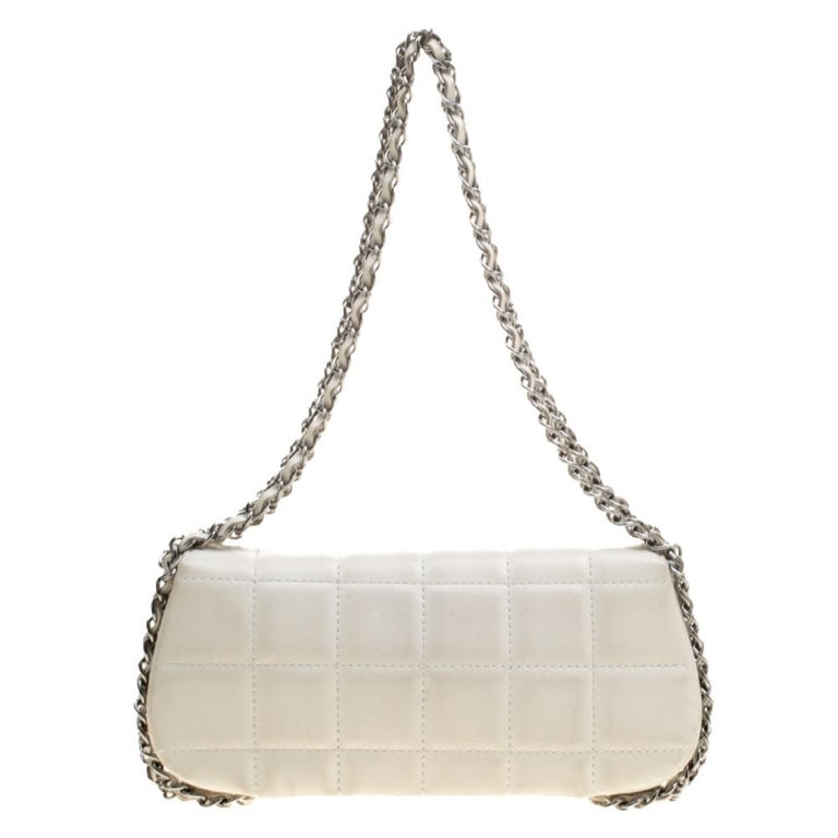 Chanel White Square Quilted Leather East West Baguette Flap Bag For ...