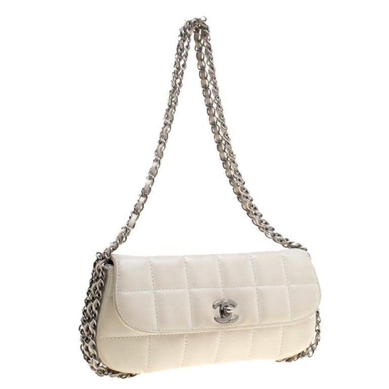 Chanel White Square Quilted Leather East West Baguette Flap Bag For ...