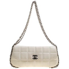 Chanel White Square Quilted Leather East West Baguette Flap Bag