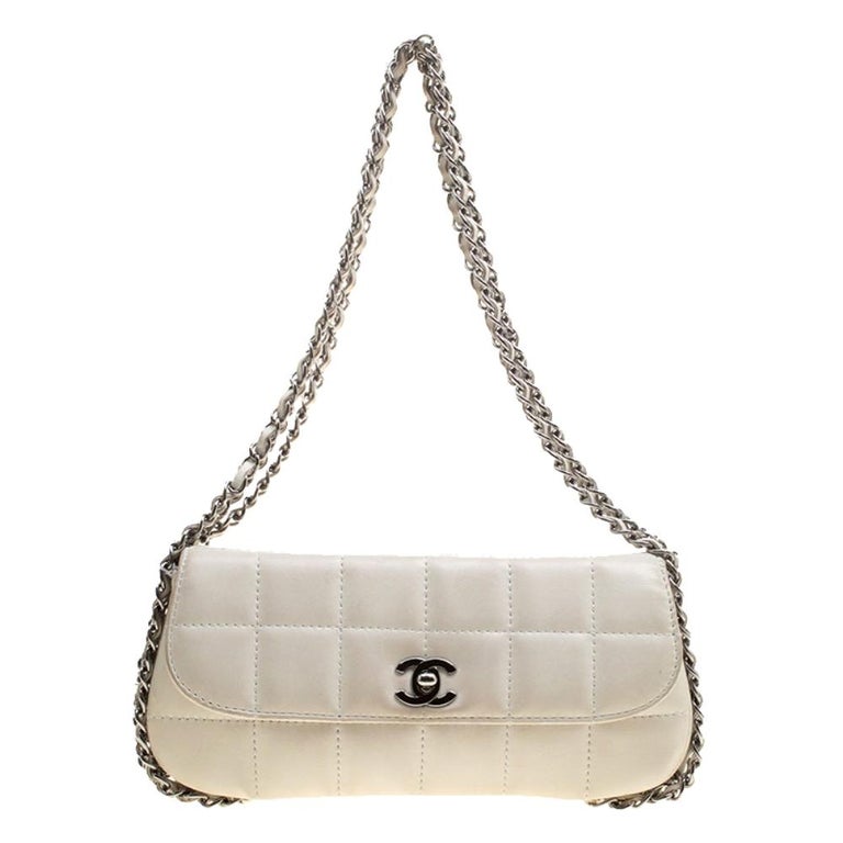Chanel White Square Quilted Leather East West Baguette Flap Bag For Sale at  1stDibs