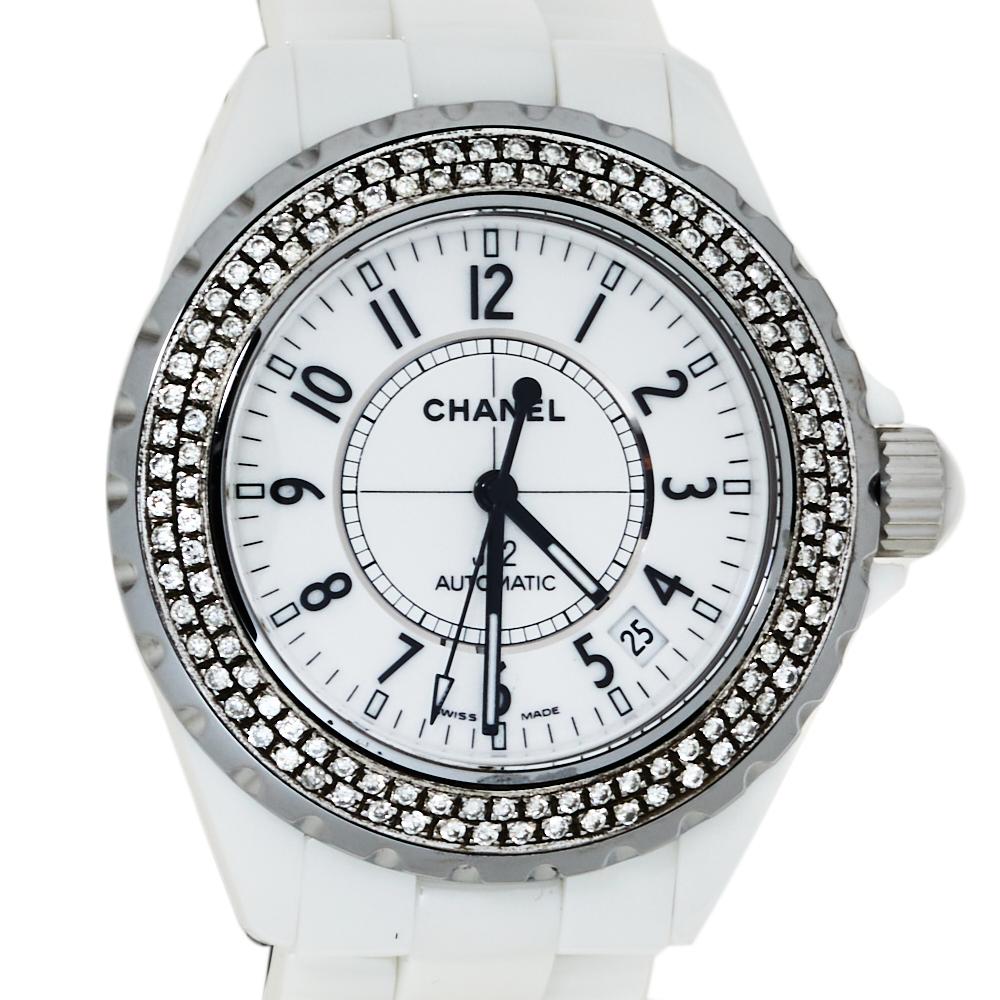 Contemporary Chanel White Stainless Steel & Ceramic Diamonds J12 Women's Wristwatch 39 mm