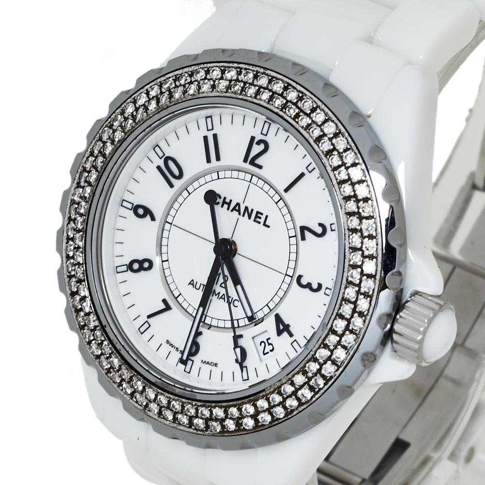 Chanel White Stainless Steel & Ceramic Diamonds J12 Women's Wristwatch 39 mm 1