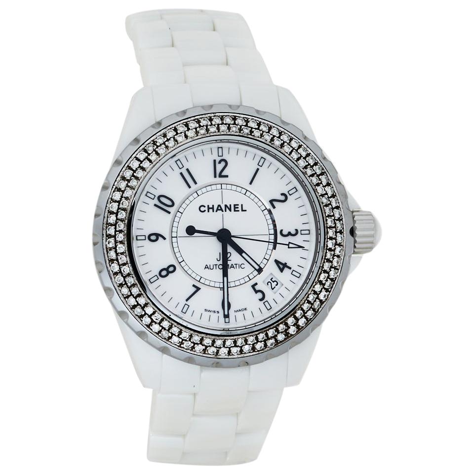 Chanel White Stainless Steel & Ceramic Diamonds J12 Women's Wristwatch 39 mm