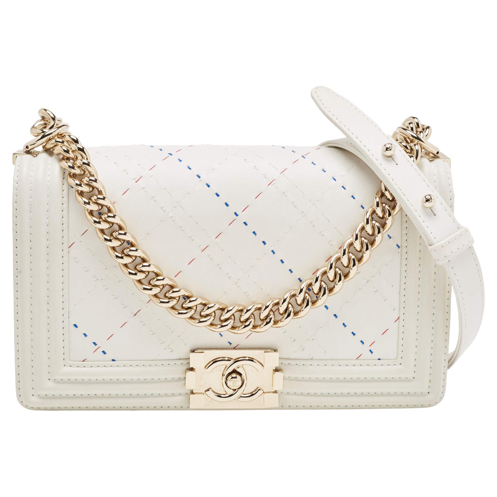 Chanel White Stitch Quilted Leather Medium Boy Flap Bag For Sale