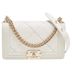 Used Chanel White Stitch Quilted Leather Medium Boy Flap Bag