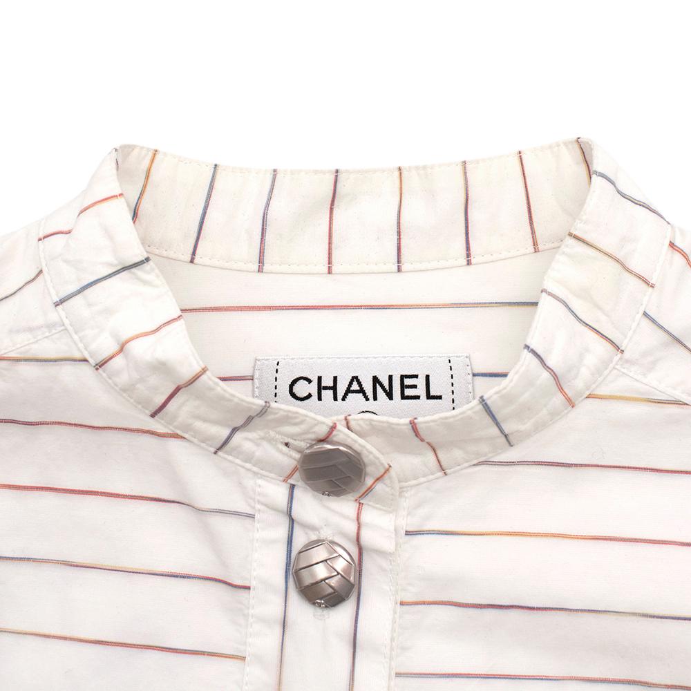 Chanel White Striped Collarless Shirt - Size US 0-2 In Excellent Condition For Sale In London, GB