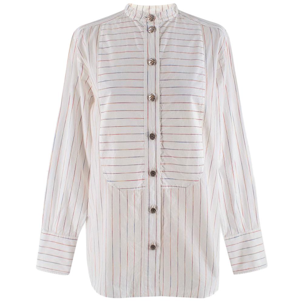 Chanel White Striped Collarless Shirt - Size US 0-2 For Sale