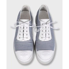 Chanel White Striped Leather & Textile Sneakers - Size 38