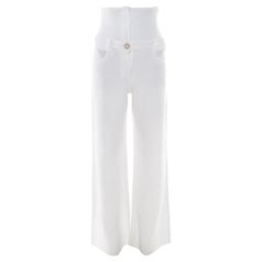 Chanel White Textured Cotton High Waisted Wide Leg Trousers S