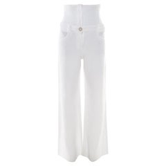 Chanel White Cotton Logo Detail Wide Leg Pants S Chanel