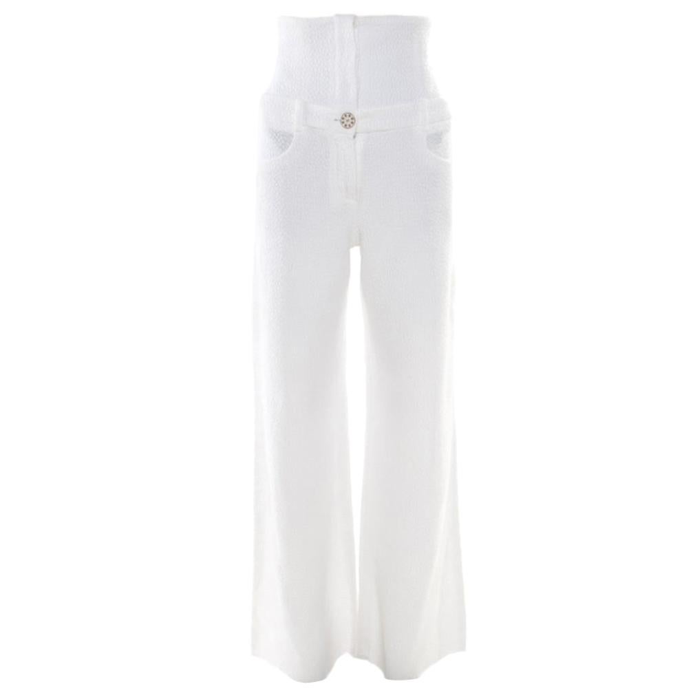 Chanel White Textured Cotton High Waisted Wide Leg Trousers S
