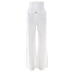 Chanel White Textured Cotton High Waisted Wide Leg Trousers S