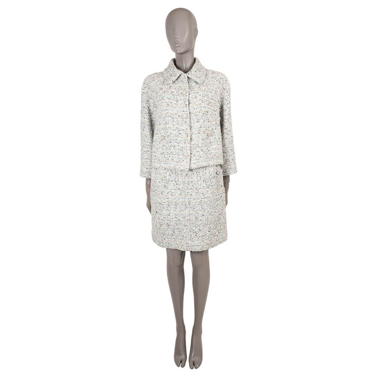 CHANEL white & turquoise cotton 2019 19C LA PAUSA SEQUIN TWEED MINI Skirt 42 L For Sale 5