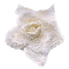 Chanel White Tweed Camelia Flower Camellia Pin Brooch with Box