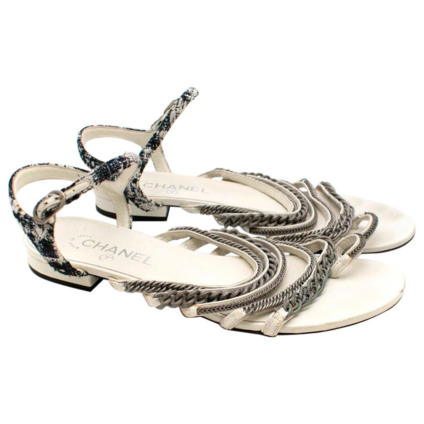 Chanel White Tweed Chain Draped Flat Sandals - Size EU 41