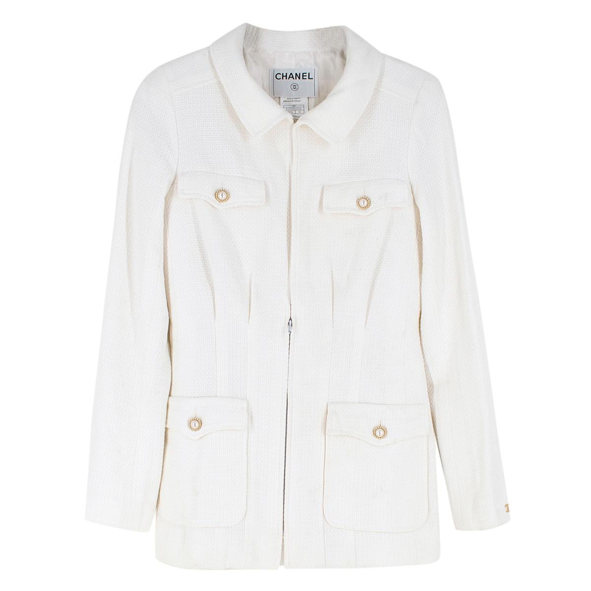 Women's or Men's Chanel White Tweed Classic Jacket US 4 For Sale