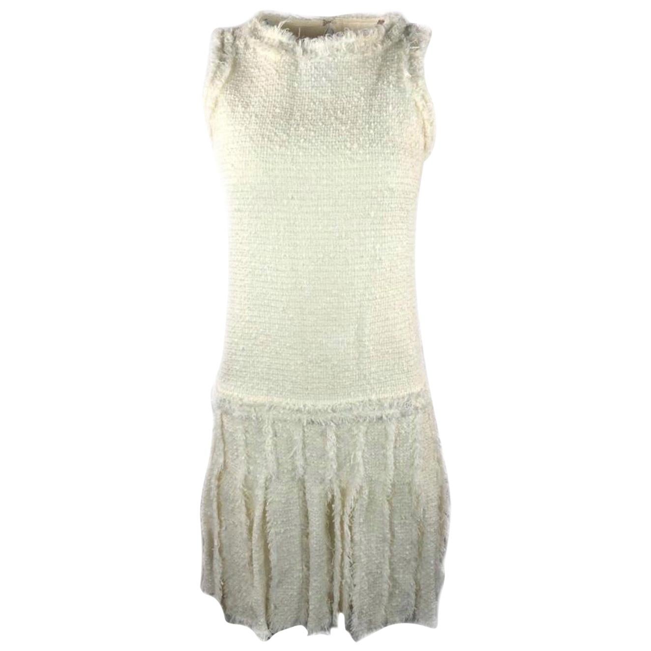 CHANEL White Tweed Fringe Sleeveless Dress Size 36 For Sale