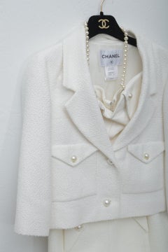 Superb Chanel White Tweet Dress with Pearls with Matching Crop Jacket
