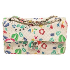 Chanel White Vintage Classic Single Flap Bag Floral Print Quilted Canvas Medium