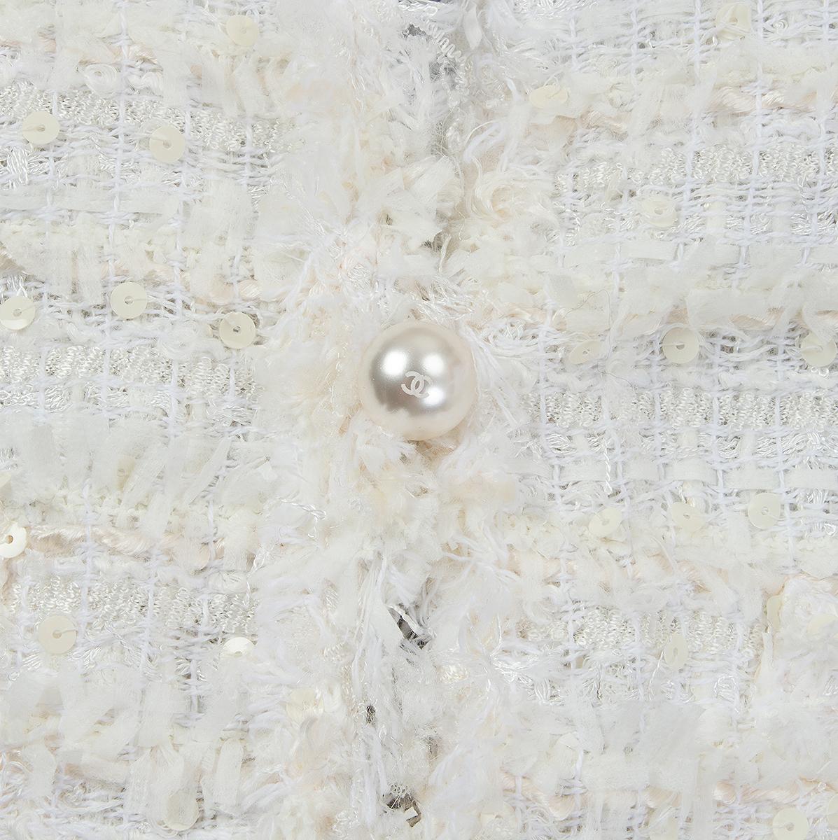 CHANEL blanco viscosa SEQUIN EMBELLISHED Tweed Blazer Jacket 38 S 1