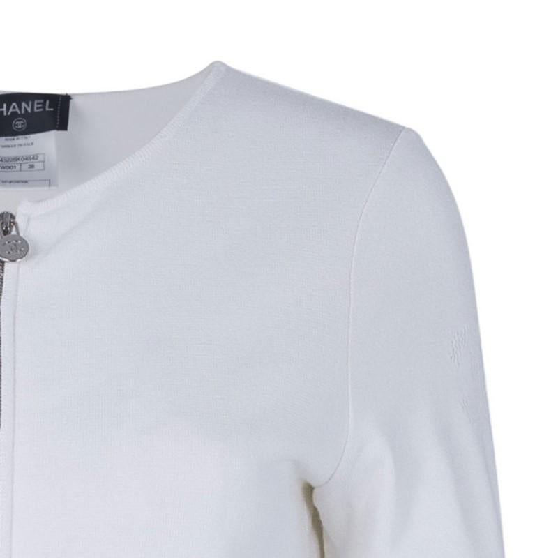 Chanel White Zip Front Knit Jacket M In Good Condition In Dubai, Al Qouz 2