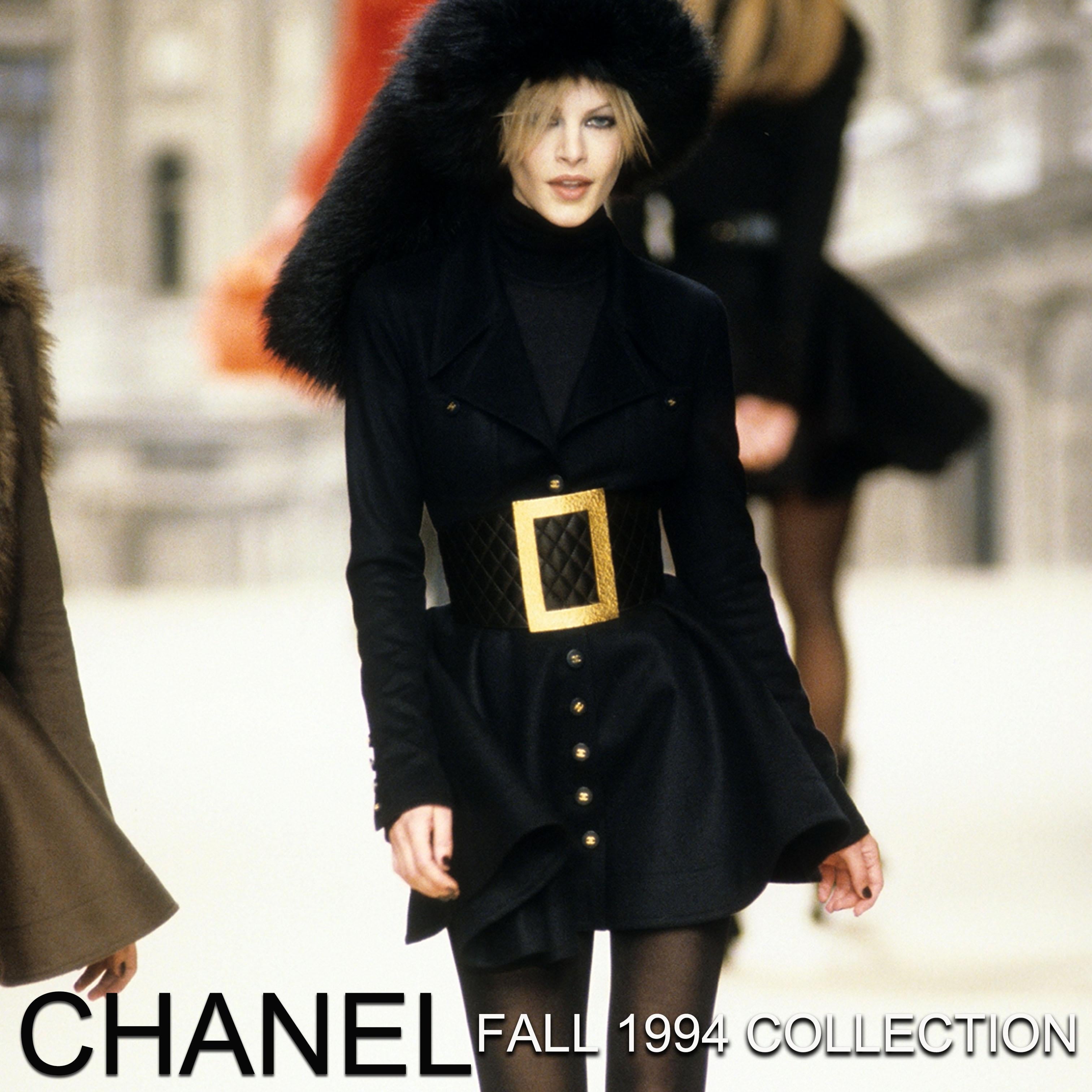 Authentic, preowned, vintage F/W 1994 Chanel EXTRA Wide Matelasse Corset Belt stamped size 85/34. Super rare archive piece as shown on the F/W '94 runway, perfect for collectors.  Made from Matelasse stitched calfskin, it features an oversized