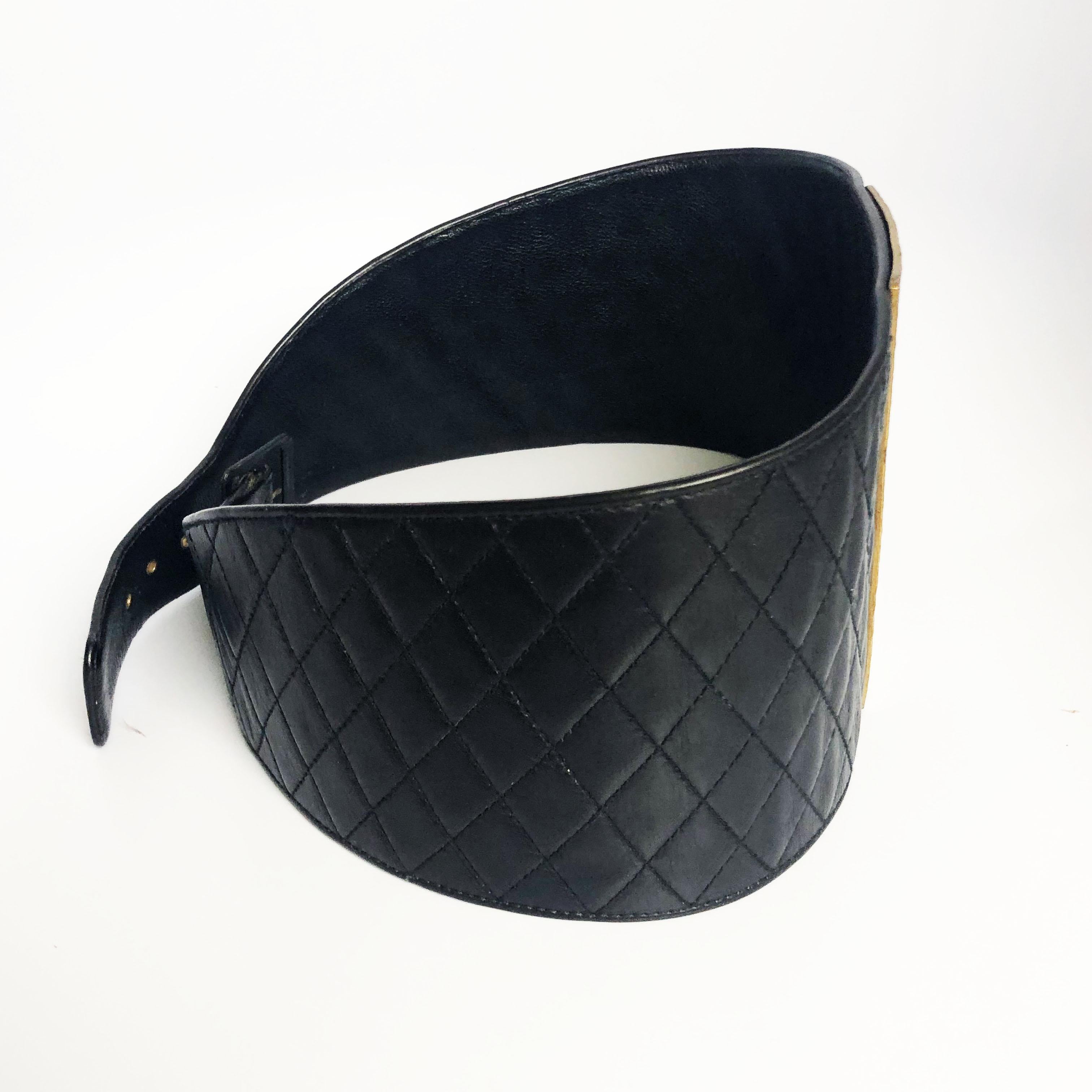 Women's or Men's Chanel Wide Corset Belt Black Matelasse Calfskin Hammered CC Buckle 1994 Runway 